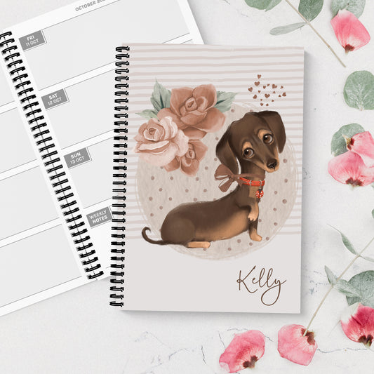 Personalised 12 Month Diary - Painted Dachshund (Dog) - chose the year