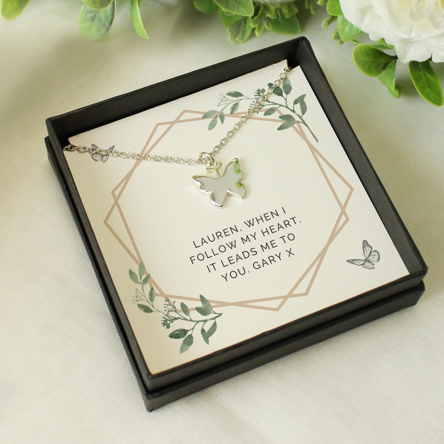 Personalised Botanical Sentiment Card & Butterfly Necklace - Any Occasion