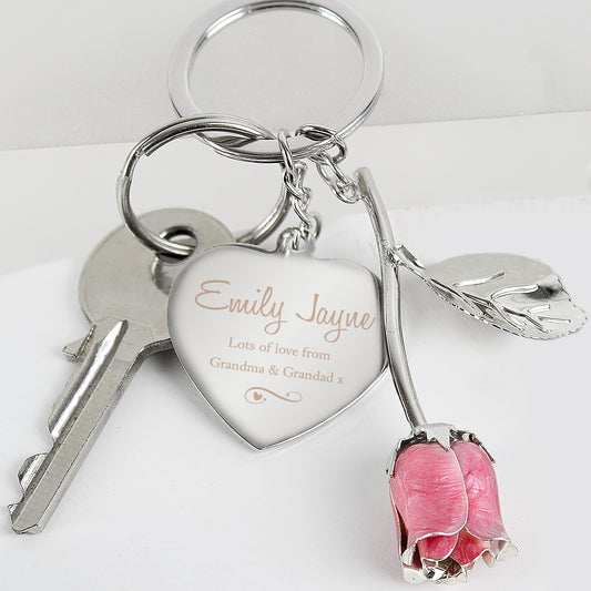 Personalised Silver Plated Swirls & Hearts Rose Colour Rose Keyring