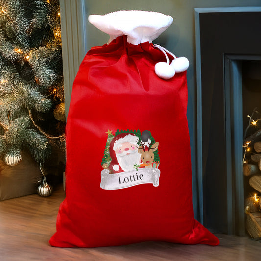 Updated Design: Personalised Santa plus Rudolph Pom Pom Christmas Sack