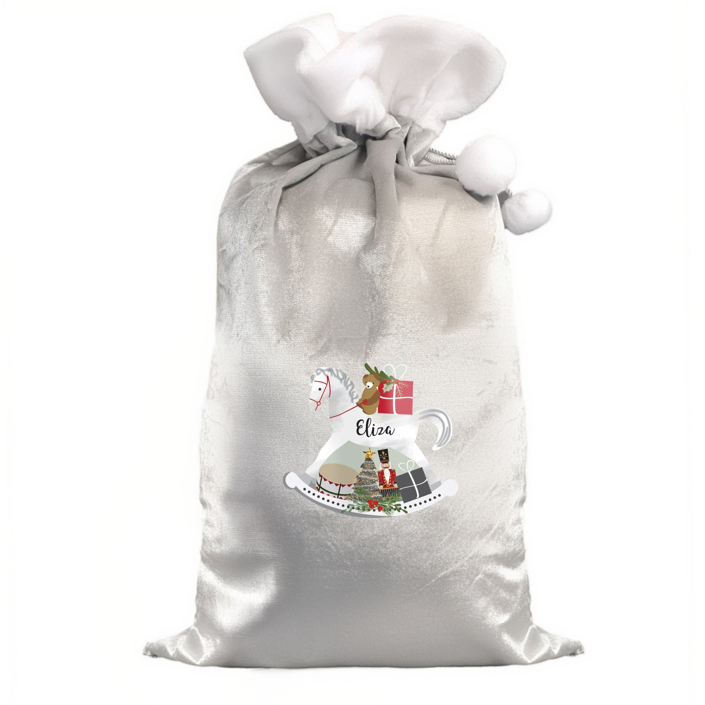 Updated Design: Personalised Rocking Horse Luxury Silver Grey Pom Pom Christmas Sack