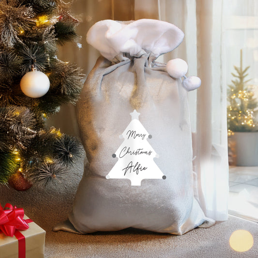 Updated Design: Personalised Christmas Tree Luxury Silver Grey Pom Pom Sack