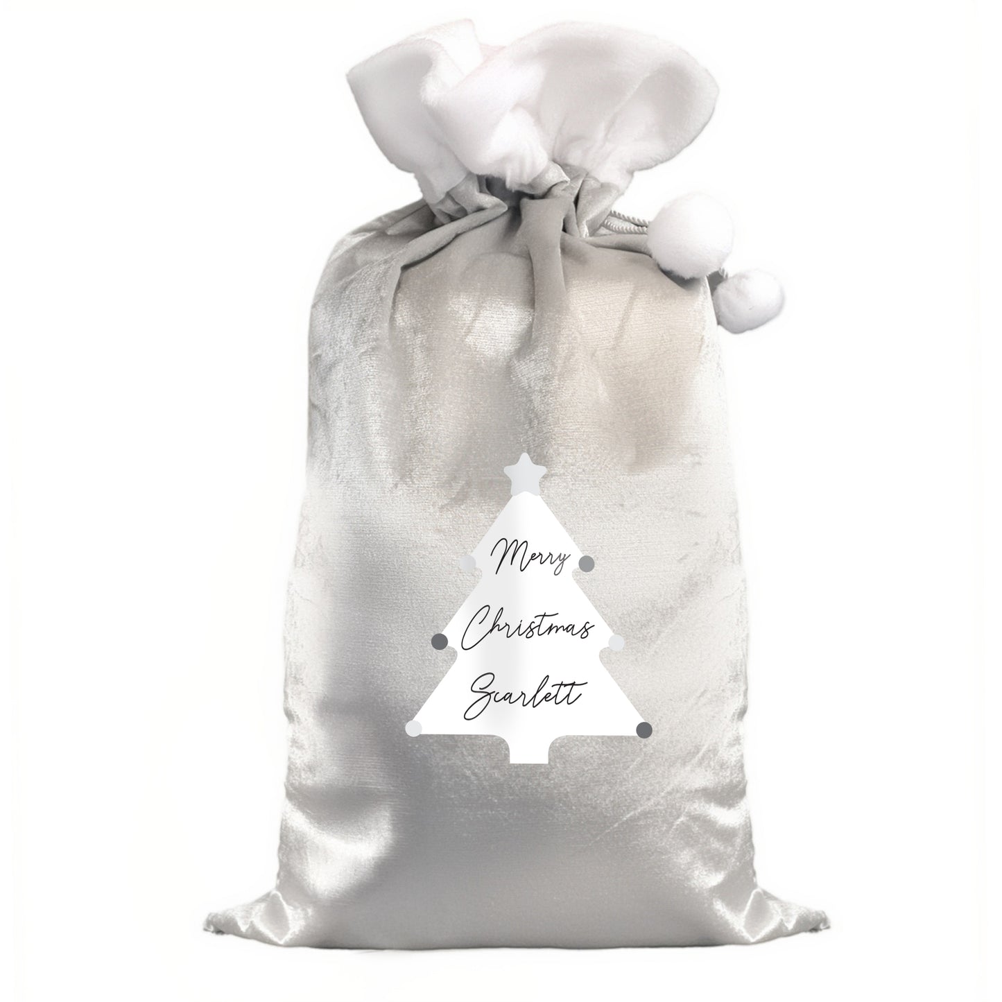 Updated Design: Personalised Christmas Tree Luxury Silver Grey Pom Pom Sack
