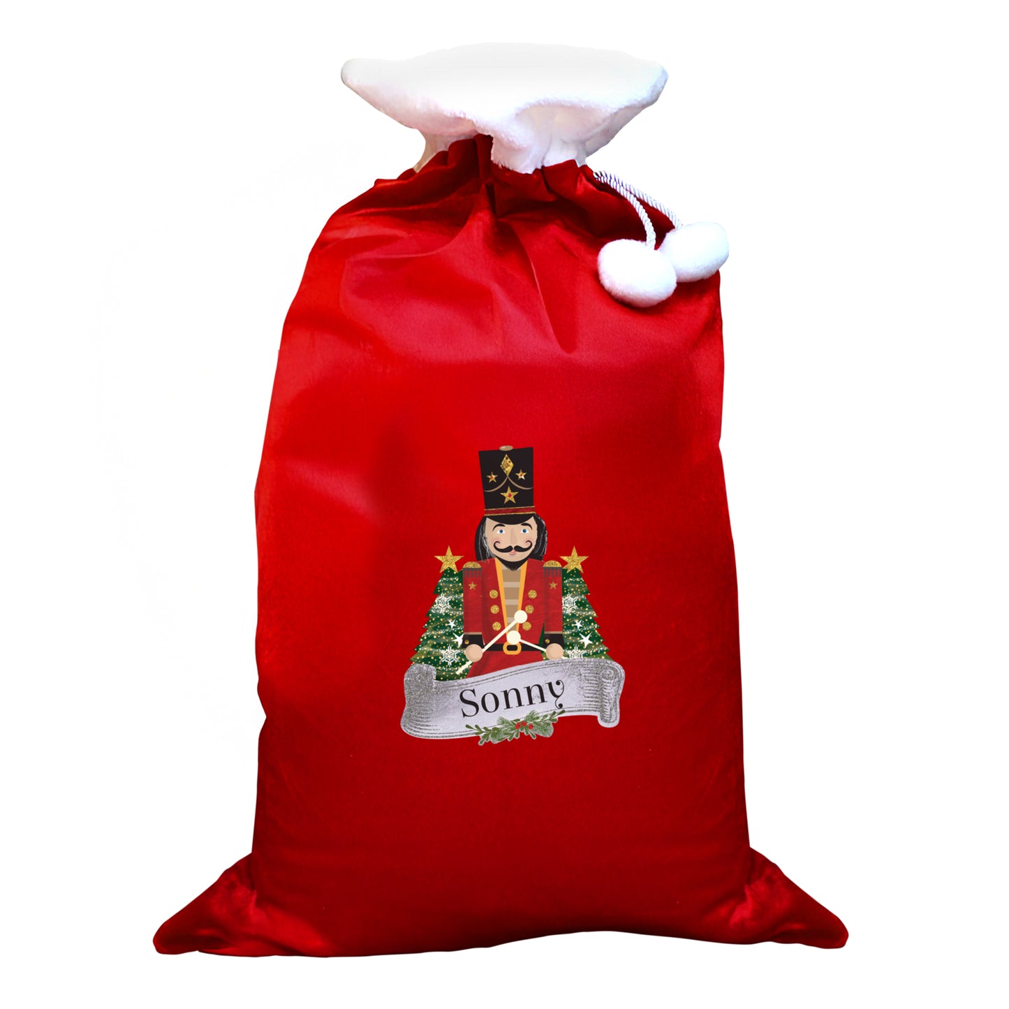 Updated Design: Personalised Red Nutcracker Pom Pom Christmas Sack