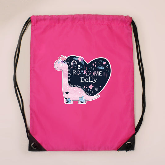 Personalised Dinosaur Swimming, Gym or Kit Bag - Pink