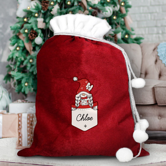 Personalised Pocket Gonk Family Red Christmas Sack - Girl Design