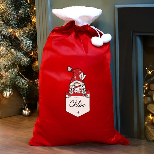 Updated Design: Personalised Pocket Gonk Girl Pom Pom Christmas Sack