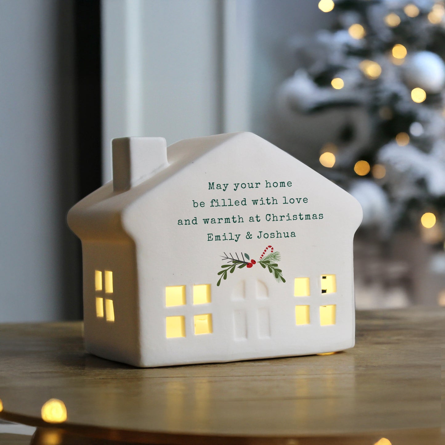 Personalised Holly Design Christmas LED House - Any Message