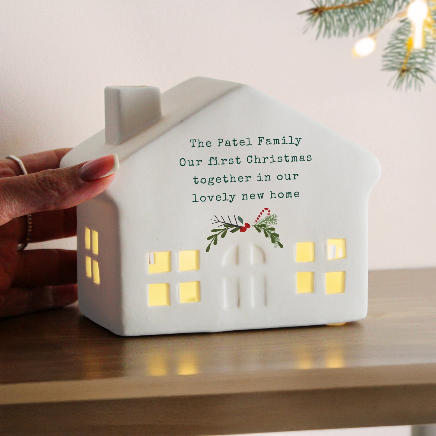 Personalised Holly Design Christmas LED House - Any Message
