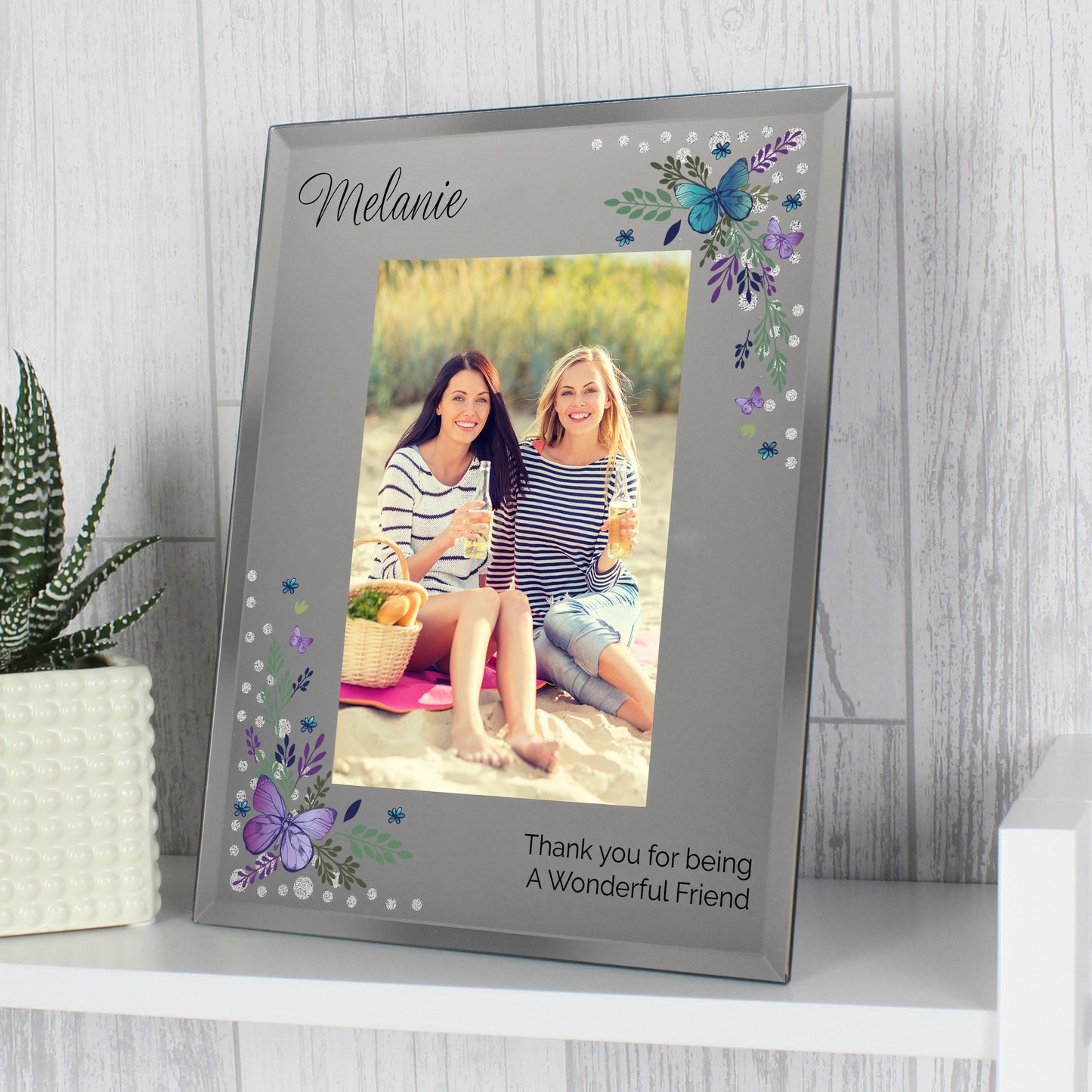 Personalised Butterfly Diamante Glass Photo Frame (Size:4x6) - Any Occasion