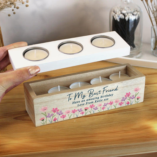 Personalised Floral (Pastel Flowers) Triple Tea Light Box