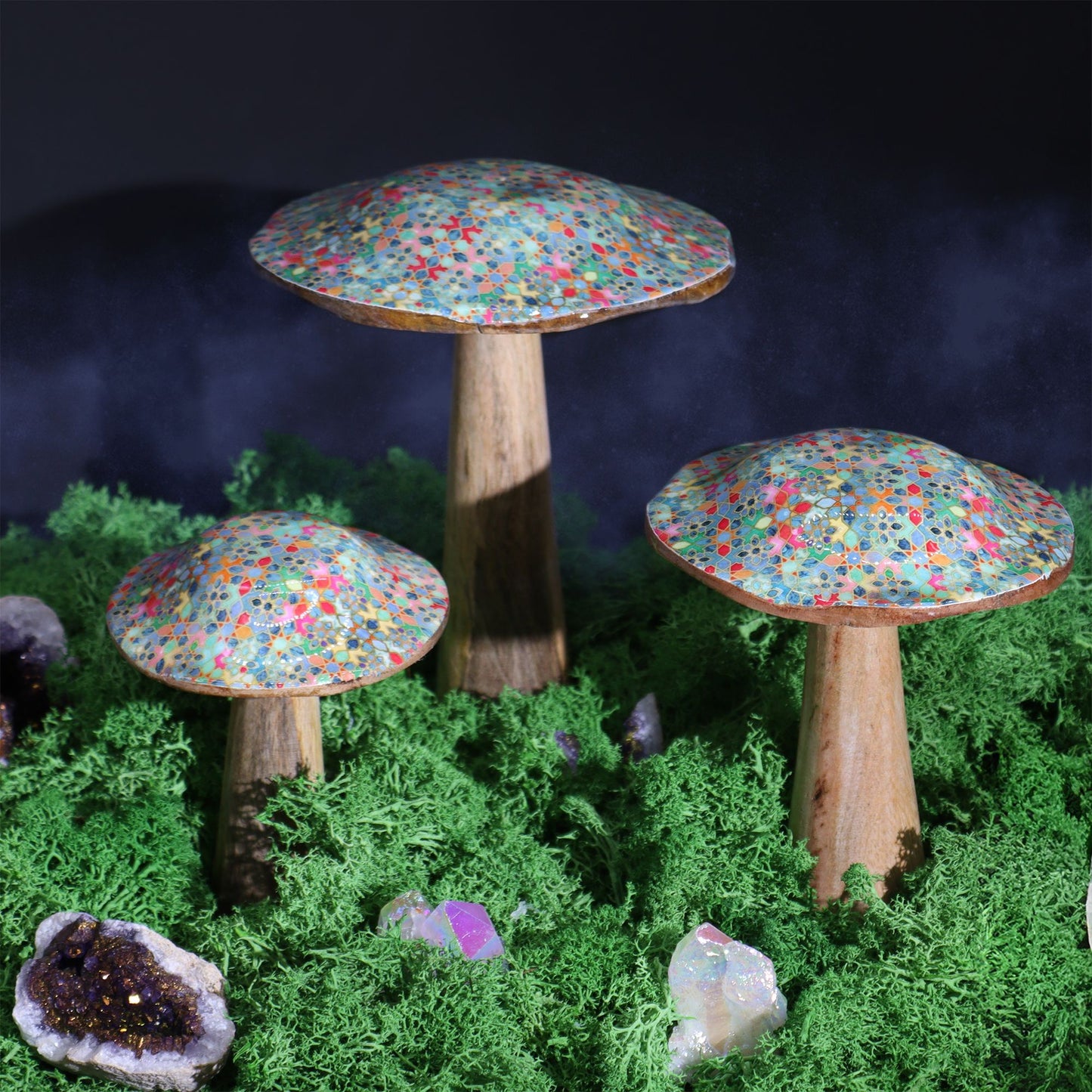 Large Wooden Enamelled Mushroom Decoration - Mediterranean Tile Pattern