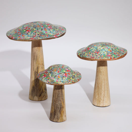 Small Wooden Enamelled Mushroom Decoration - Mediterranean Tile Pattern