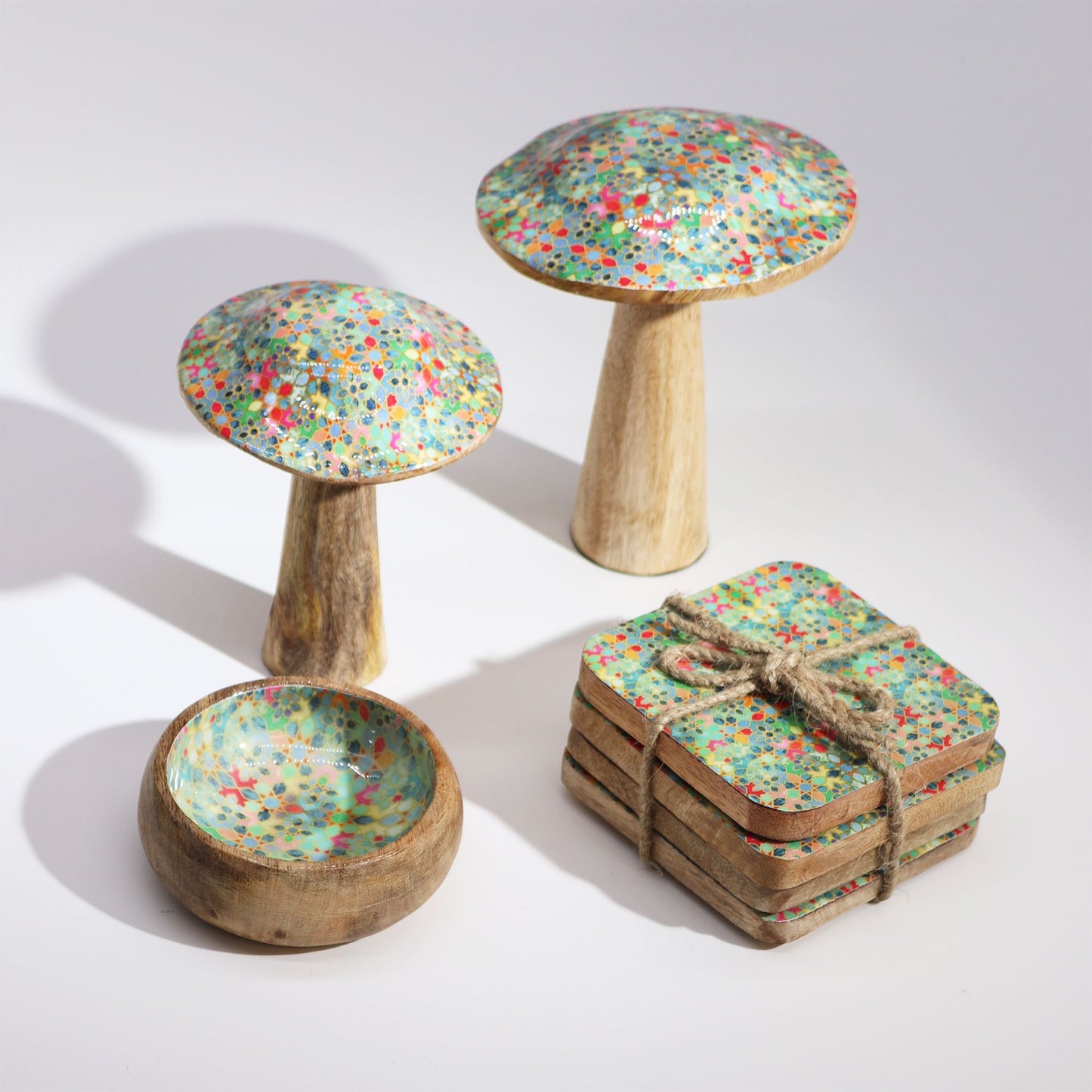 Large Wooden Enamelled Mushroom Decoration - Mediterranean Tile Pattern