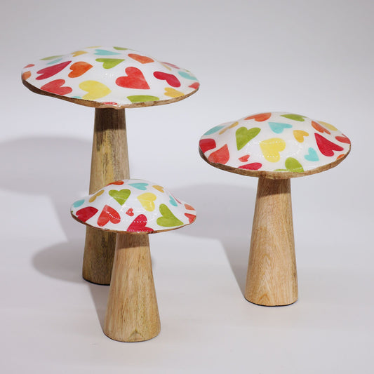 Small Wooden Enamelled Mushroom Decoration - Pastel Hearts
