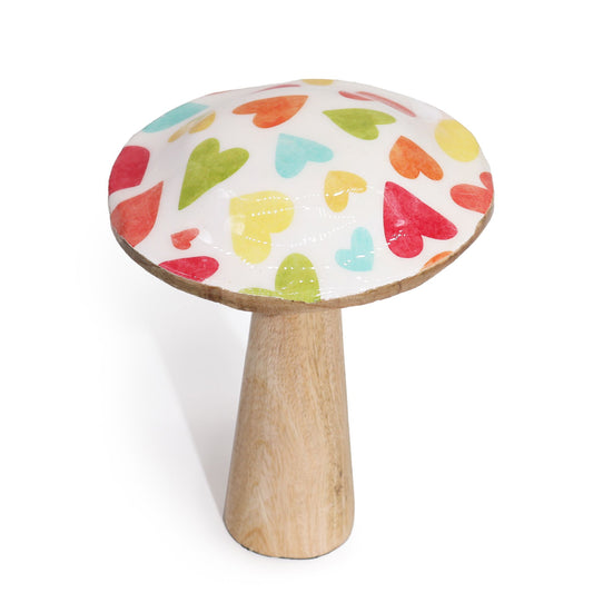 Medium Wooden Enamelled Mushroom Decoration - Pastel Hearts