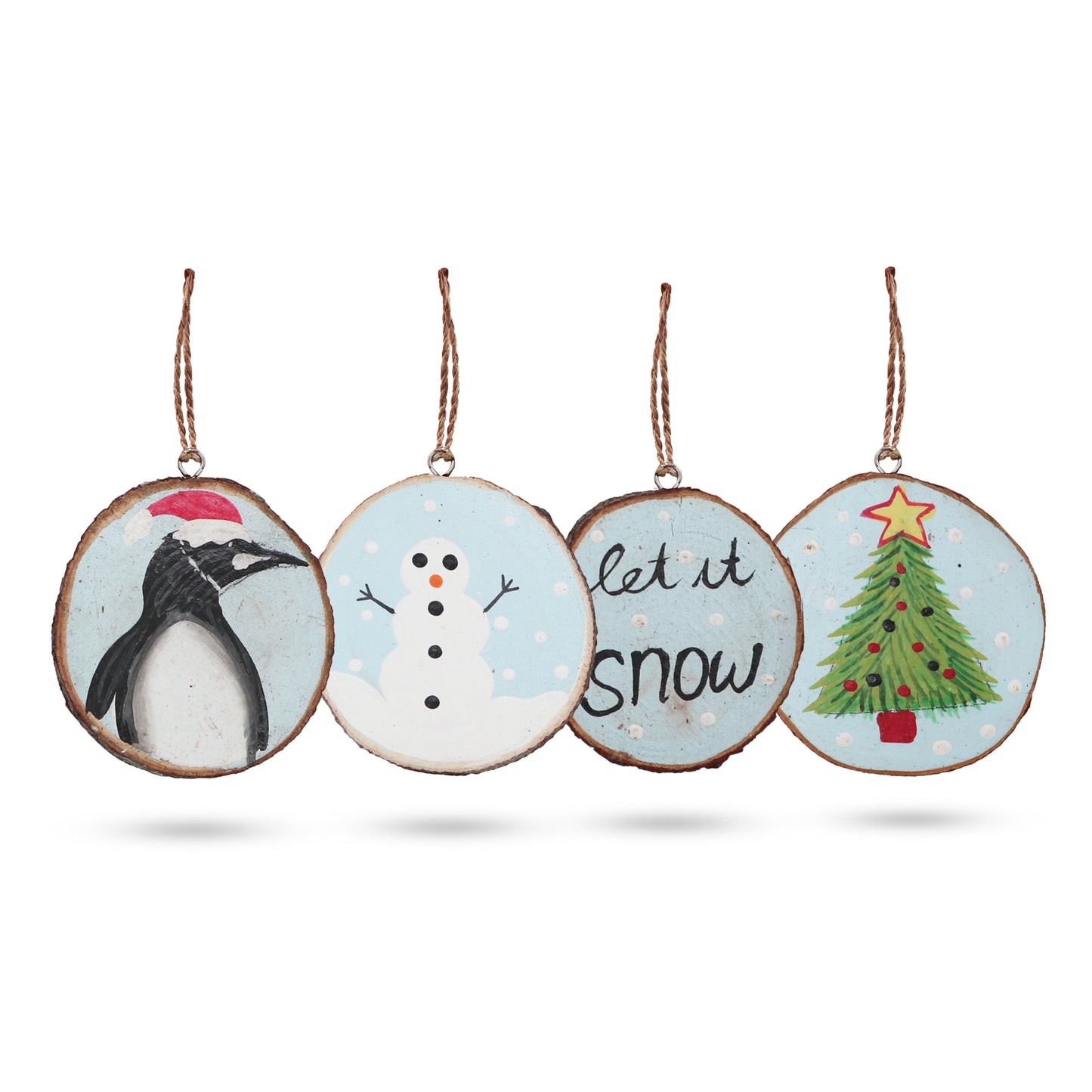 Set of 4 'Let it Snow' Hand Painted Log Christmas Baubles