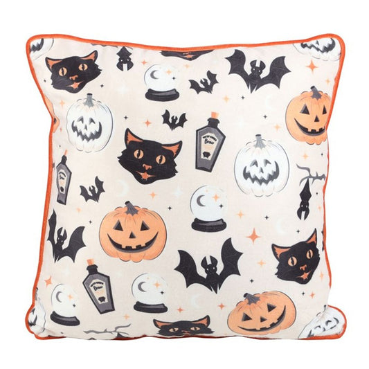 Square Spooky Cat and Pumpkin Print Cushion (35cm)