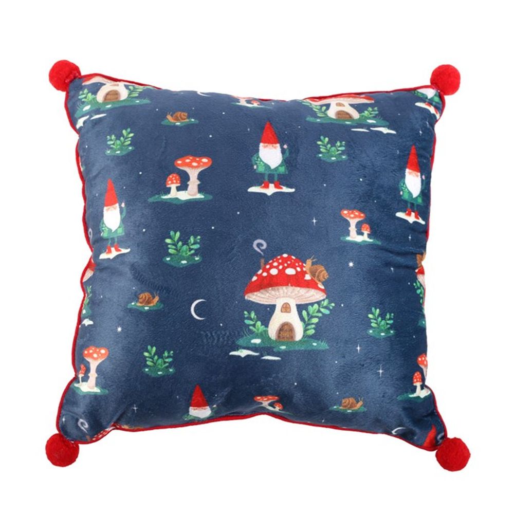 Square Gnome Print Cushion with Pom Poms (35cm)