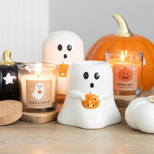 Ghost Shaped Tealight Candle Holder with Pumpkin - Perfect for Halloween