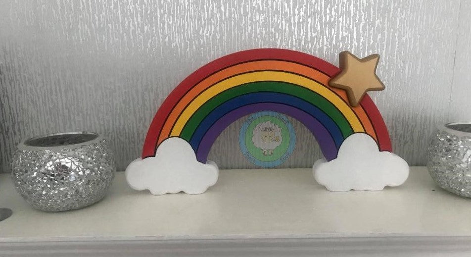 Engraved Wooden Rainbow with Clouds & Star Cutout Free Standing Decoration