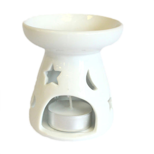 Classic Small White Oil Burner - Moon & Star Design