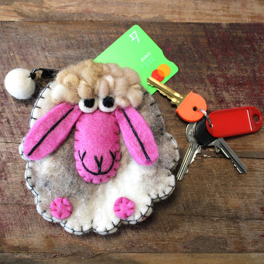 Handmade Natural Felt Zipper Pouch/Purse - Happy Sheep