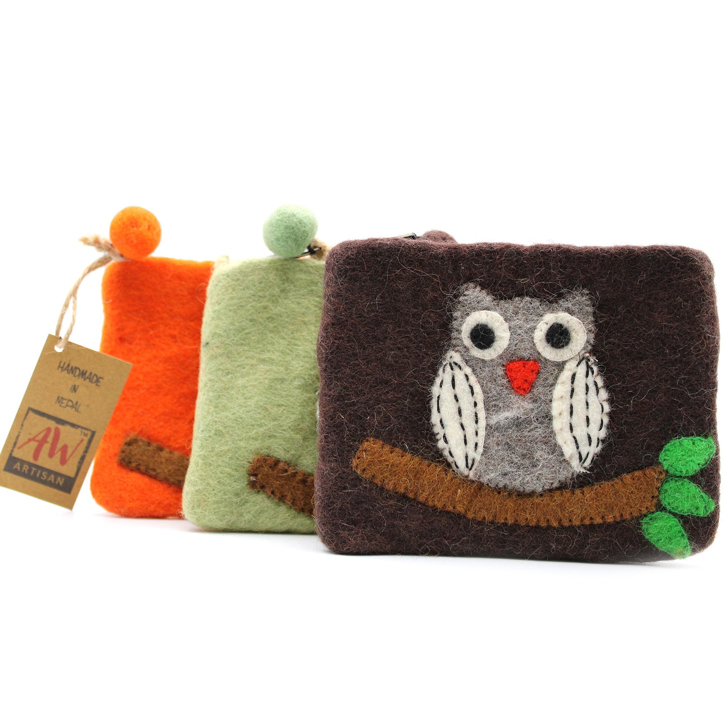 Handmade Natural Felt Zipper Pouch/Purse - Owl