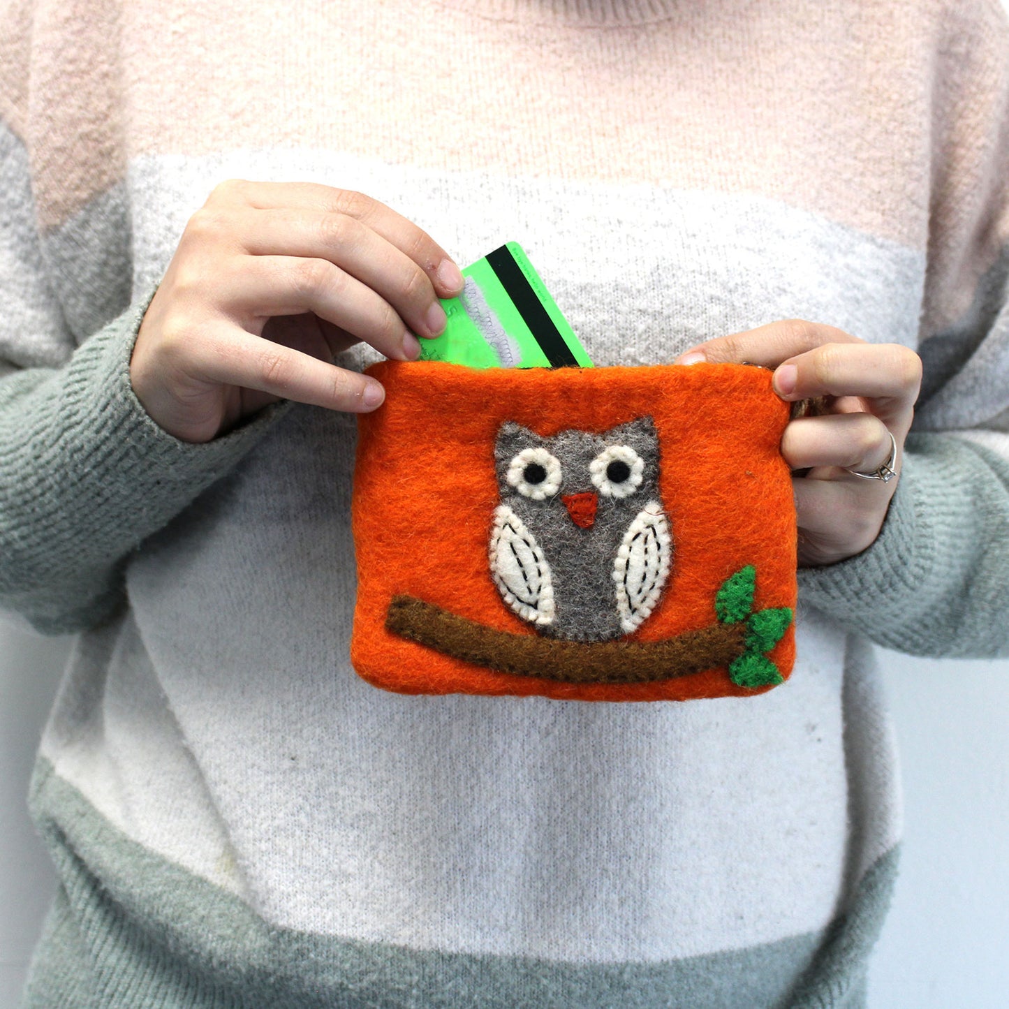 Handmade Natural Felt Zipper Pouch/Purse - Owl