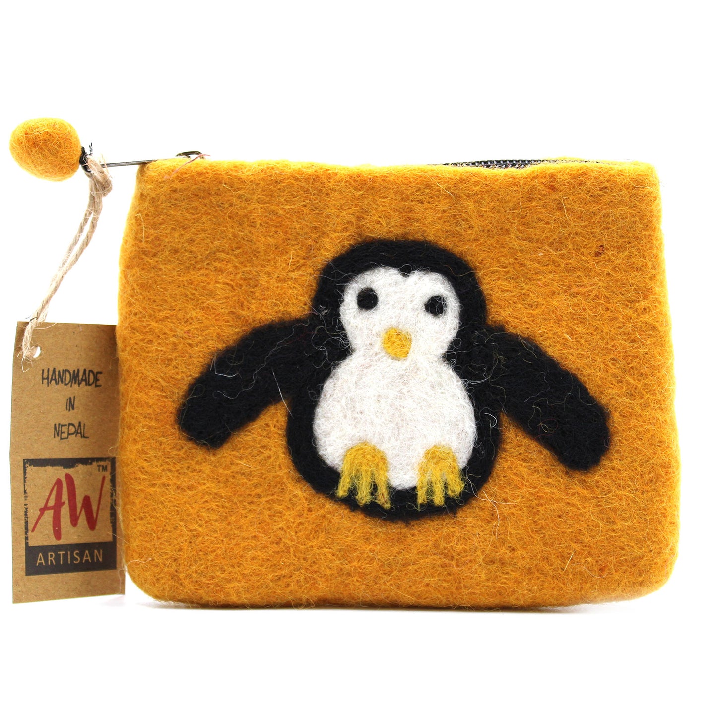 Handmade Natural Felt Zipper Pouch/Purse - Penguin