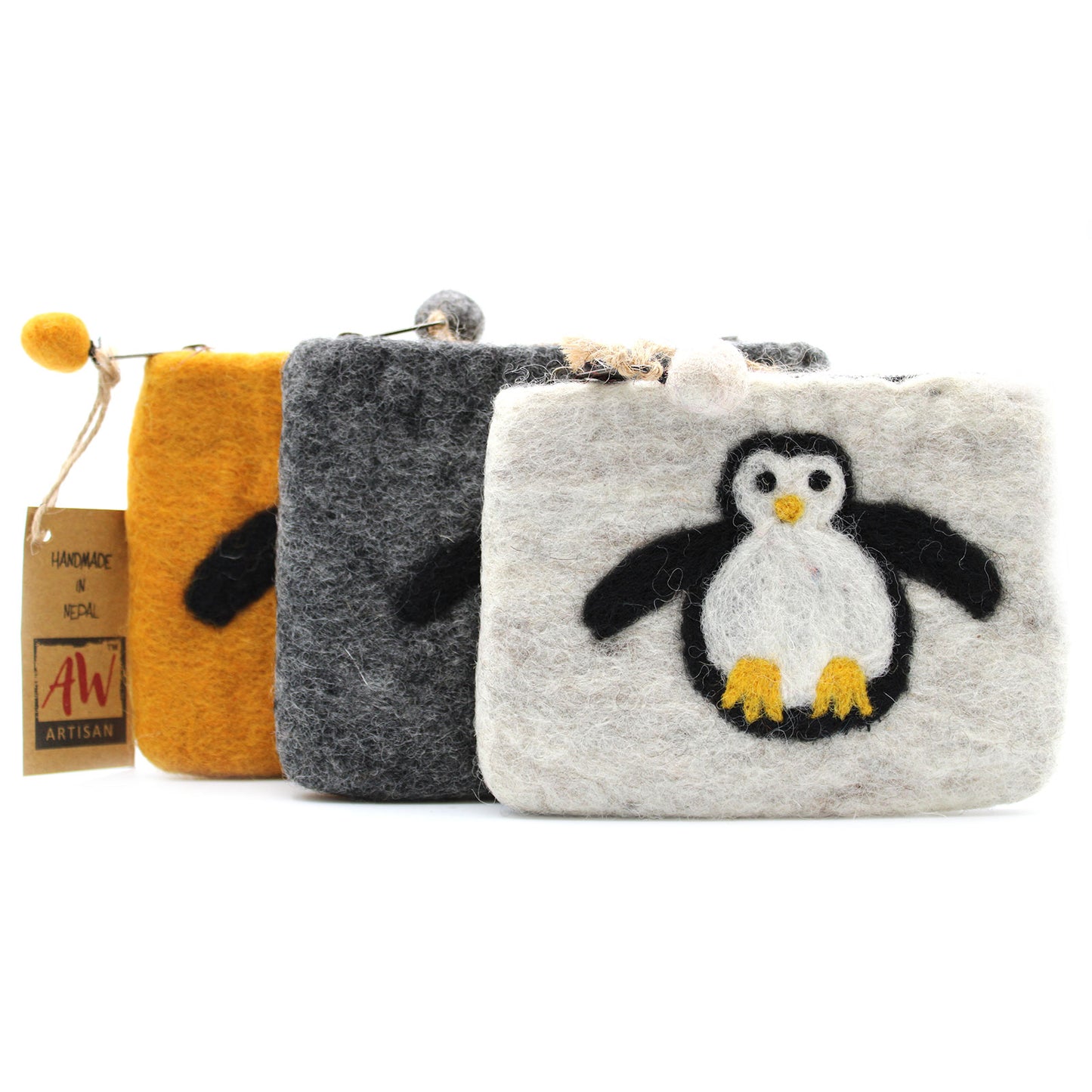Handmade Natural Felt Zipper Pouch/Purse - Penguin