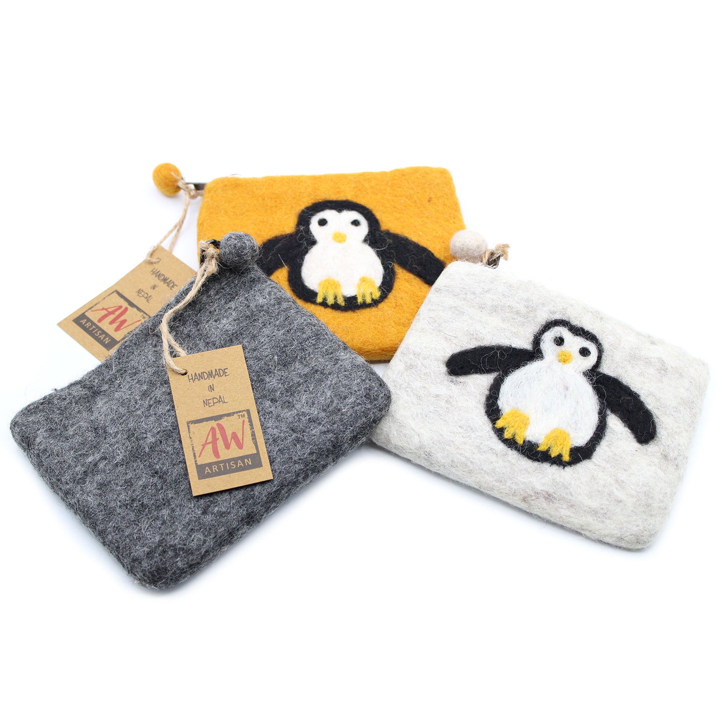 Handmade Natural Felt Zipper Pouch/Purse - Penguin