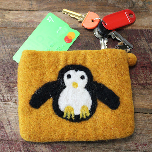 Handmade Natural Felt Zipper Pouch/Purse - Penguin