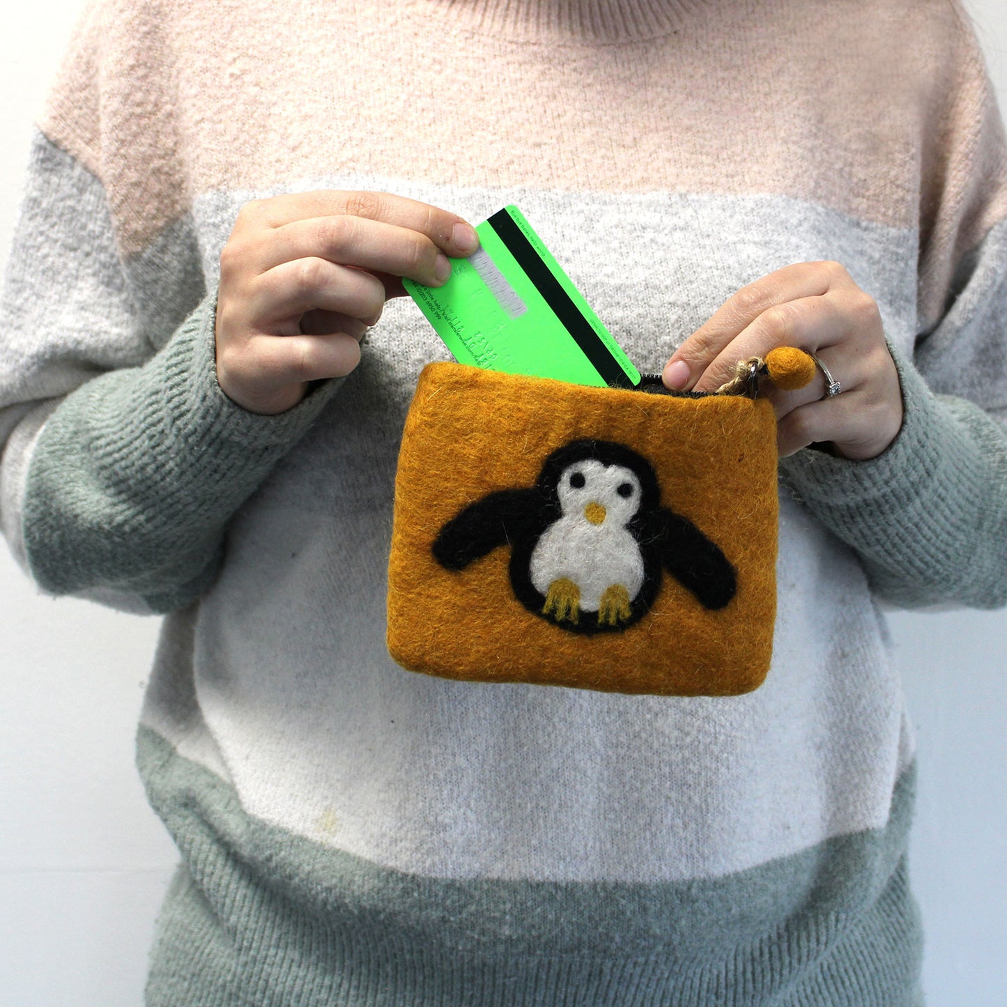 Handmade Natural Felt Zipper Pouch/Purse - Penguin