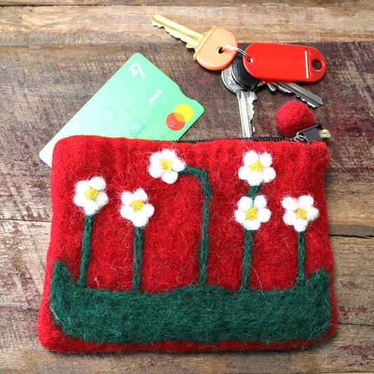 Handmade Natural Felt Zipper Pouch/Purse - Daisy Garden