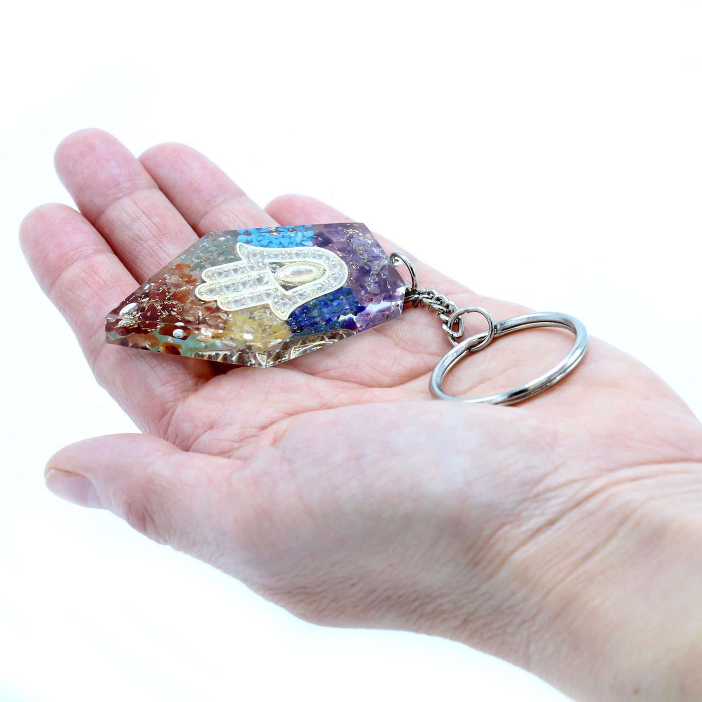 Orgonite Power Keyring - Gemstone (Rainbow) Chakra Hamsa