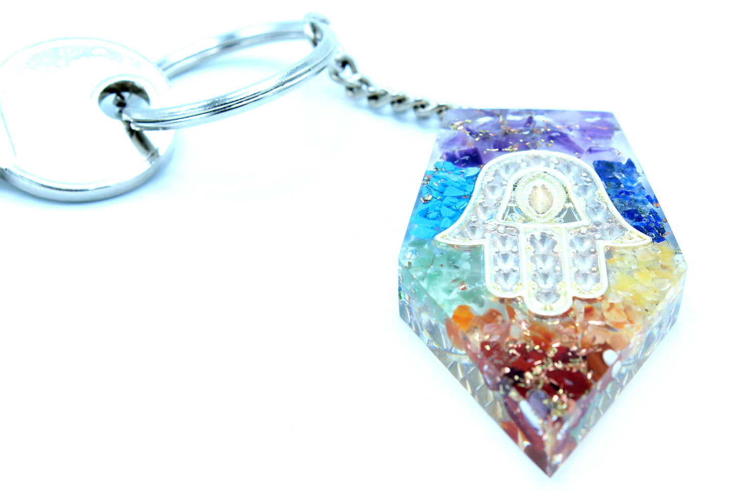 Orgonite Power Keyring - Gemstone (Rainbow) Chakra Hamsa