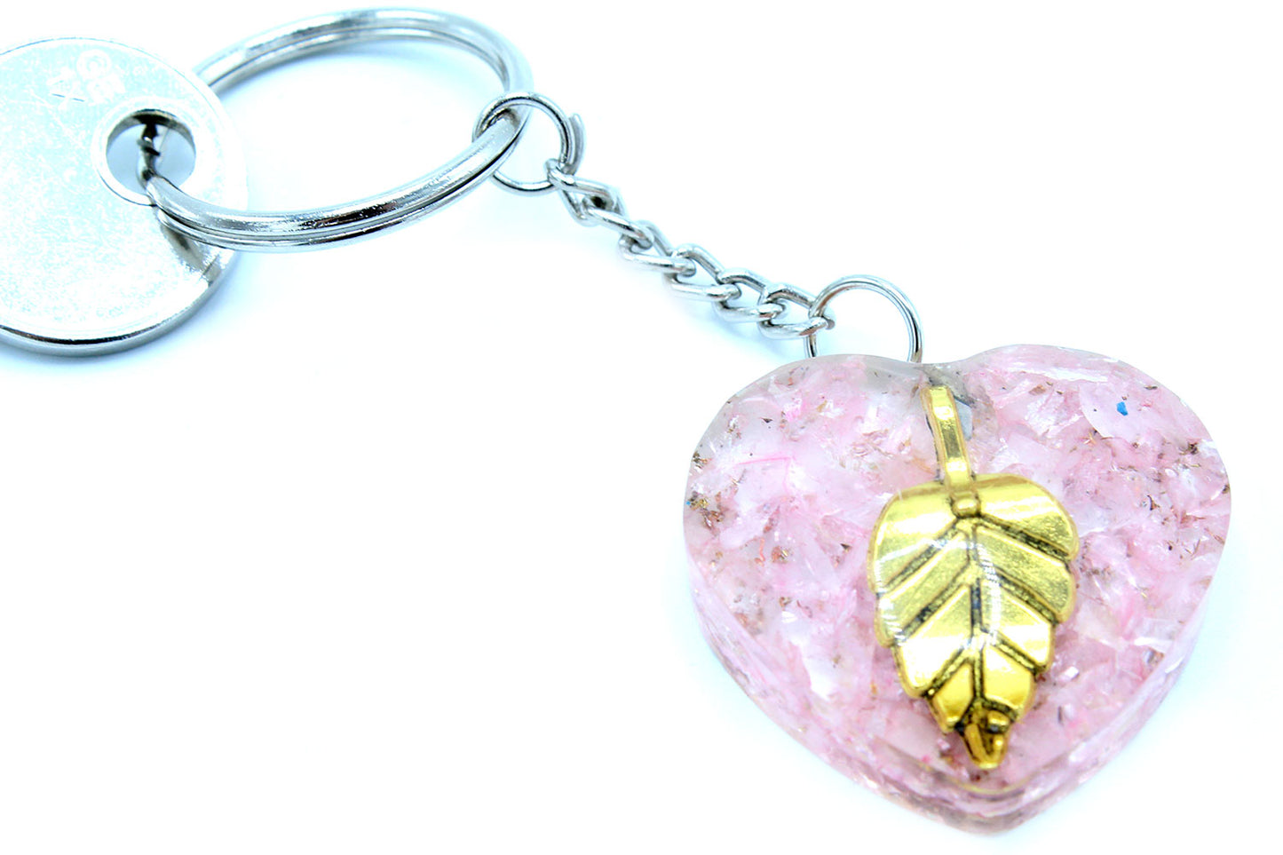 Orgonite Power Keyring - Rose Quartz Hearts Golden Leaf