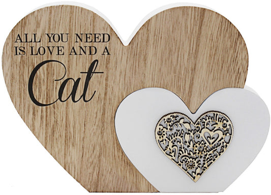 Sentiments Wooden Double Heart Block 'All You Need is... Love, Cat or Dog'