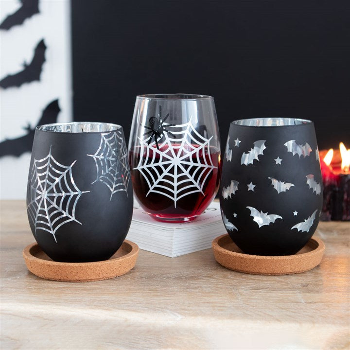 Set of 2 Spider and Web Stemless Wine Glasses (Great for Halloween)