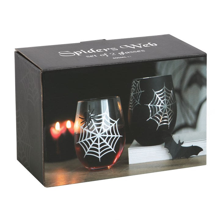 Set of 2 Spider and Web Stemless Wine Glasses (Great for Halloween)