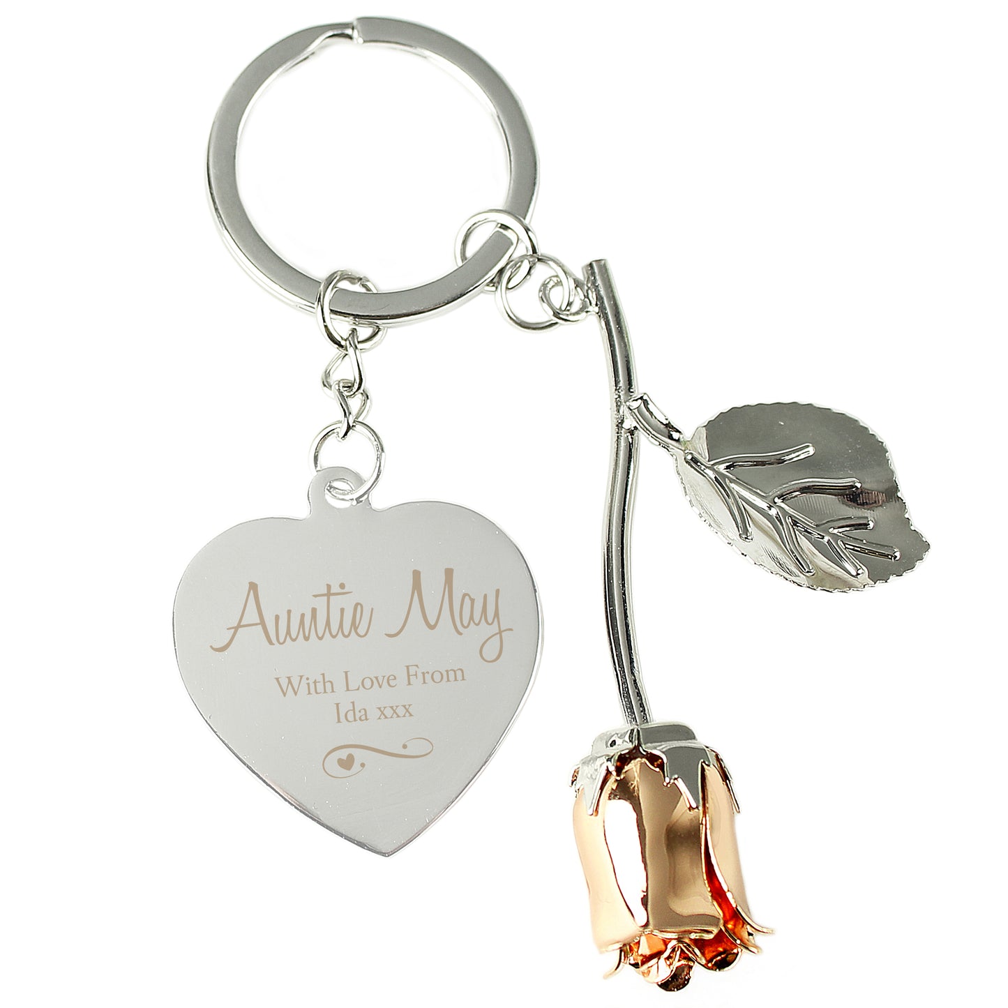 Personalised Silver Plated Swirls & Hearts Rose Gold Colour Rose Keyring