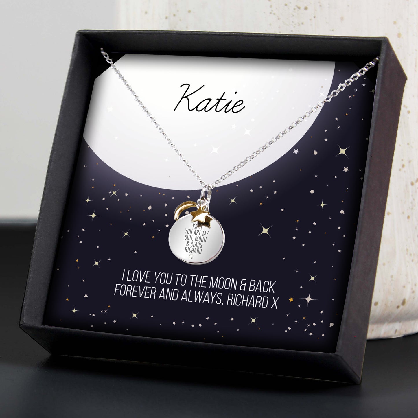 Personalised Sentiment Moon & Stars Sterling Silver Necklace and plus Gift Box
