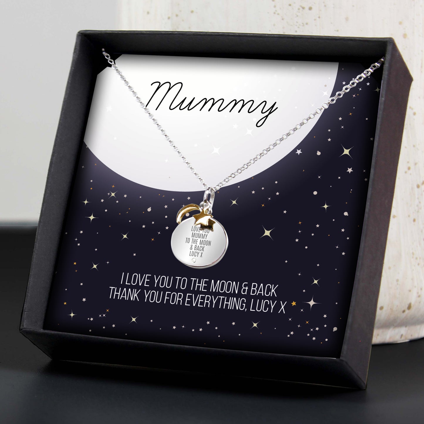 Personalised Sentiment Moon & Stars Sterling Silver Necklace and plus Gift Box
