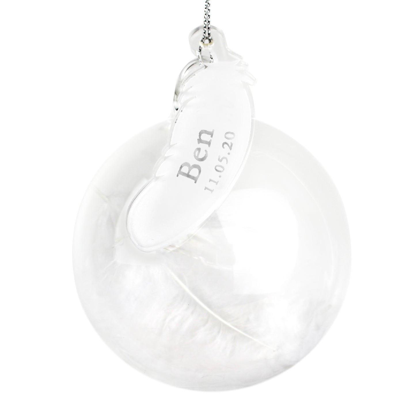 Personalised White Feather Glass Christmas Tree Bauble - Name & Date