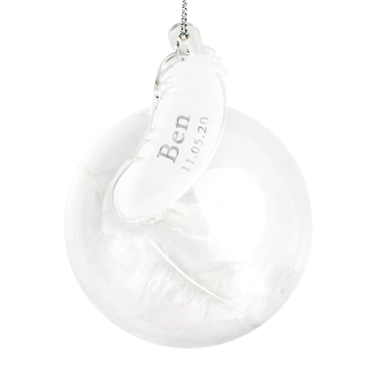 Personalised White Feather Glass Christmas Tree Bauble - Name & Date