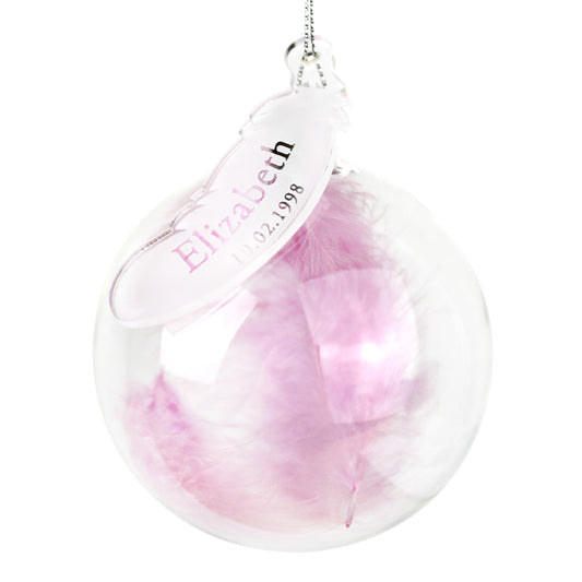 Personalised Pink Feather Glass Christmas Tree Bauble - Name & Date