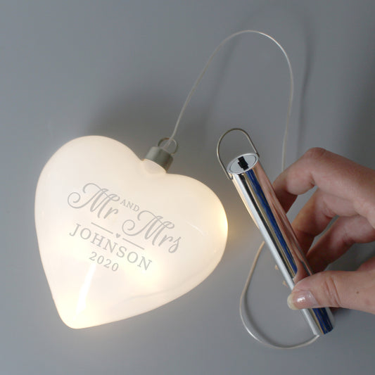 Personalised 'Mr & Mrs' LED Hanging Glass Heart