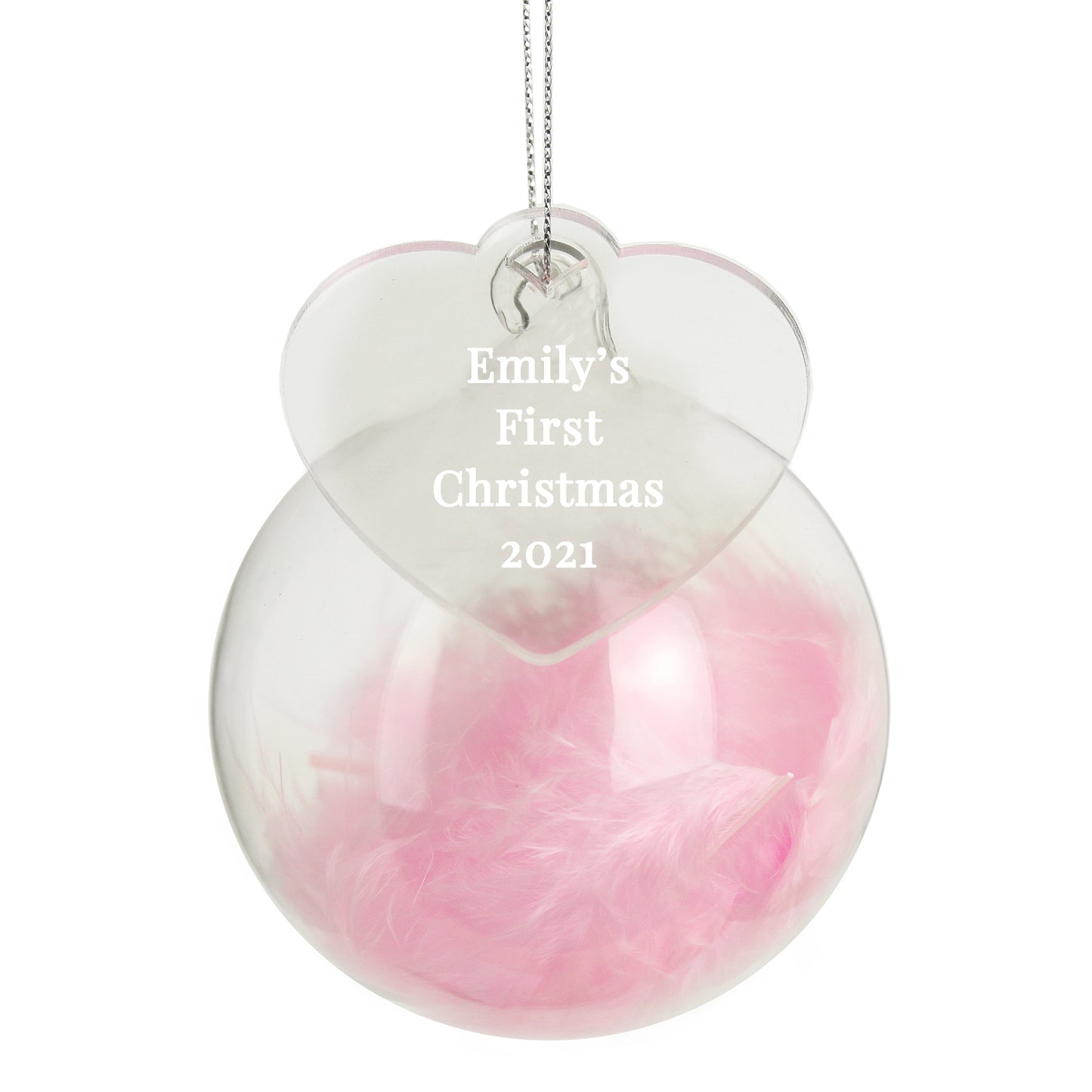 Personalised Any Message Pink Feather Glass Christmas Tree Bauble - Heart