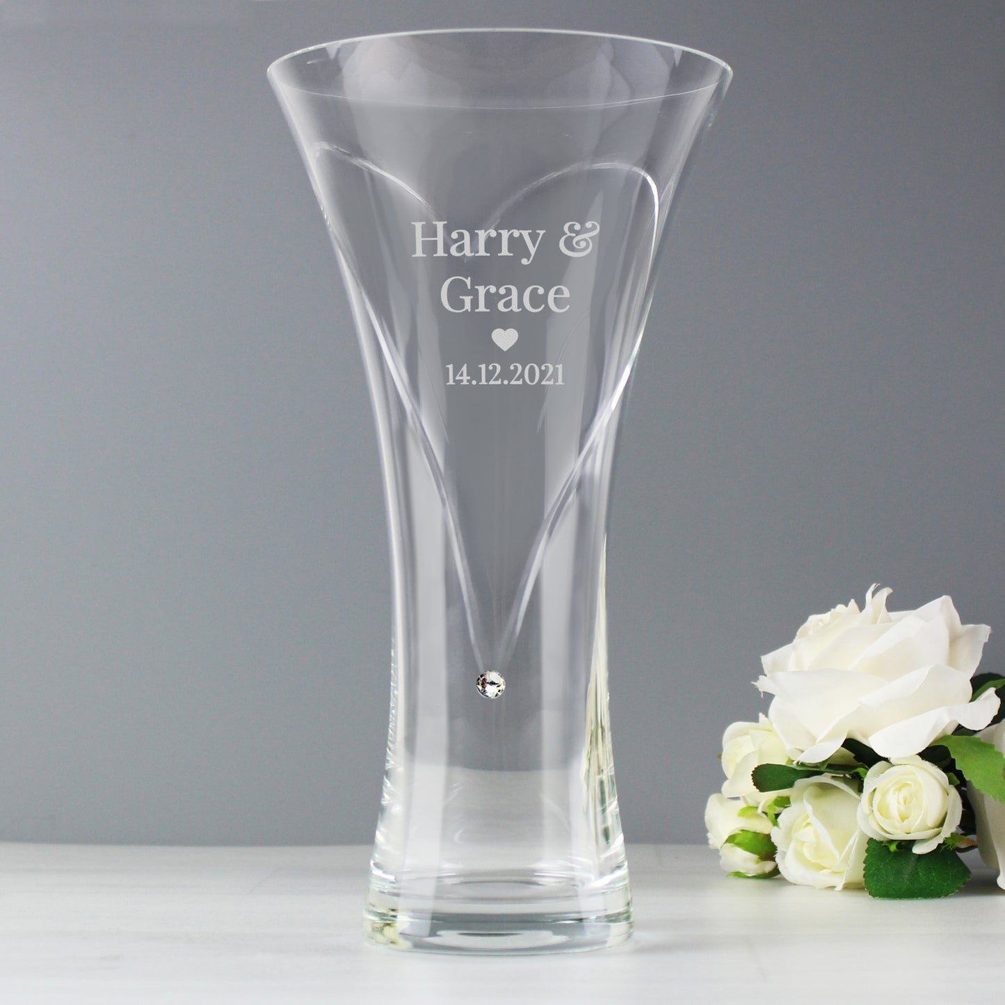 Personalised Couple Large Hand Cut Heart Vase with diamante elements